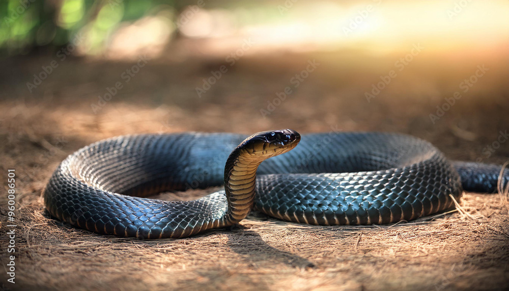 Fototapeta premium King cobra, beautiful animal in the nature, Hindu temple ruins in the background