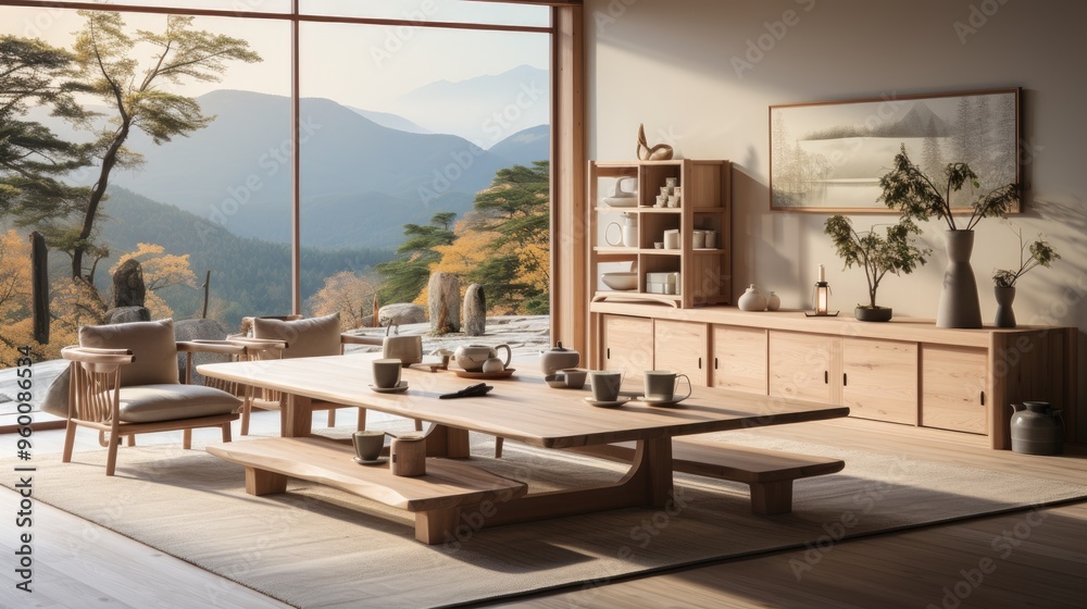 Fototapeta premium Modern Japanese minimalist interior design kitchen and living room 