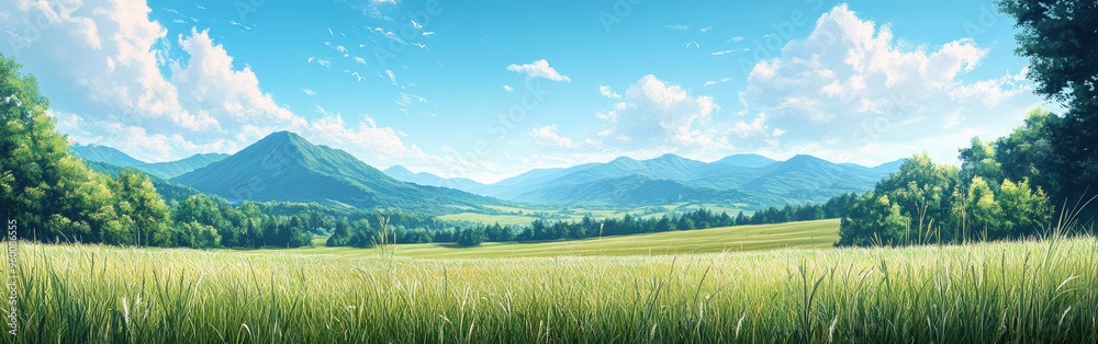 Serene Watercolor Landscape of Green Grasslands and Distant Hills Serene Watercolor Landscape of Green Grasslands and Distant Hills