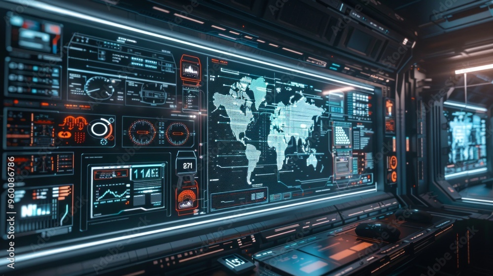 A sophisticated digital interface displaying AI algorithms and global data processing models in a high-tech control room setting A sophisticated digital interface displaying AI algorithms and global data processing models in a high-tech control room setting