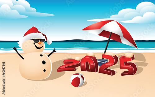 A cheerful sandy snowman on a beautiful beach is wearing sunglasses. In front of the snowman, there's an umbrella, a beach ball, and large 3D numbers for the New Year standing in the sand