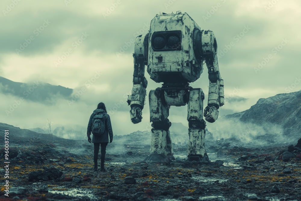 A alone survivor accompanied by a damaged robot in a barren wasteland. Generative AI A alone survivor accompanied by a damaged robot in a barren wasteland. Generative AI