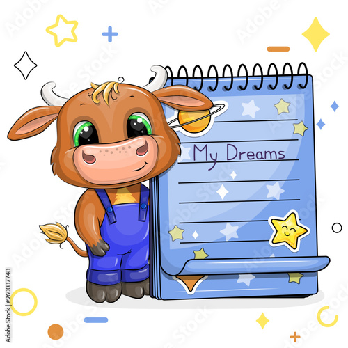 A cute cartoon bull and a blue notebook with stickers. Vector illustration of animal on a white background with stars, circles.