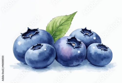 Illustration of watercolor blueberries on white background with space for text 