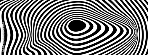 Psychedelic pattern with curvy black and white stripes. Hypnotic optical illusion. Abstract wallpaper. Modern wavy print. Hypnotherapy or trance concept. Vector graphic illustration