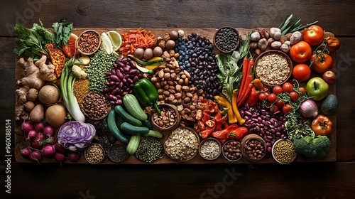 Plant-based whole food diet ingredients including fruits, vegetables, grains, legumes, tofu and nuts. mixed design photo