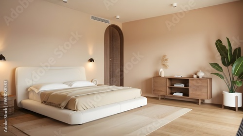 Wallpaper Mural A modern bedroom with a farmhouse and boho interior design. There is a queen bed with a white frame and a beige blanket. The walls are painted in a soft beige color. A wooden cabinet Torontodigital.ca