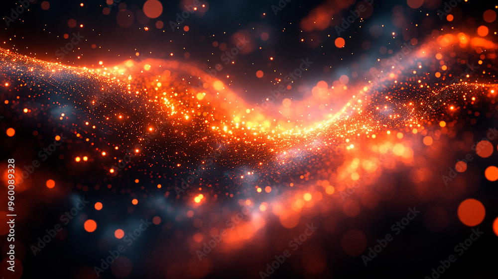 Fototapeta premium Una visualización abstracta del entrelazamiento cuántico, con partículas de luz que se conectan a través de distancias mediante patrones y símbolos cambiantes y geométricos. Estas conexiones digitales