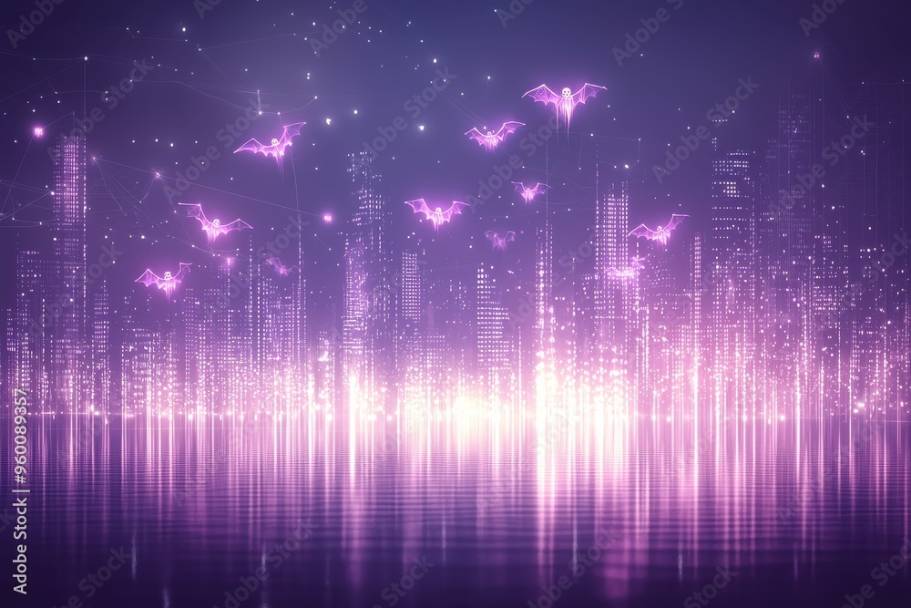 Ethereal city landscape with glowing butterflies and shimmering lights in the night sky. Magical, fantasy, and dreamlike atmosphere. Ethereal city landscape with glowing butterflies and shimmering lights in the night sky. Magical, fantasy, and dreamlike atmosphere.