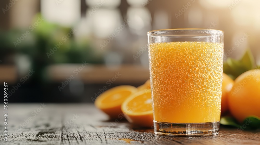 A close-up view of a foamy glass of fresh orange juice resting on a wooden table, paired with whole and sliced oranges, highlighting refreshment and nutritional benefits. A close-up view of a foamy glass of fresh orange juice resting on a wooden table, paired with whole and sliced oranges, highlighting refreshment and nutritional benefits.
