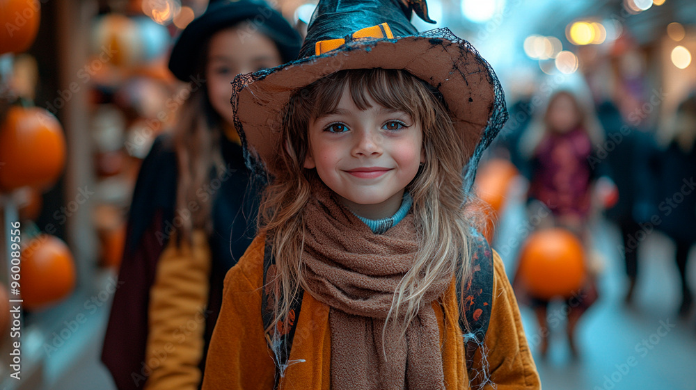 Niños disfrazados paseando alegremente por un centro comercial decorado, yendo de tienda en tienda a por caramelos, con sus padres observando orgullosos. Las tiendas están decoradas festivamente con Niños disfrazados paseando alegremente por un centro comercial decorado, yendo de tienda en tienda a por caramelos, con sus padres observando orgullosos. Las tiendas están decoradas festivamente con