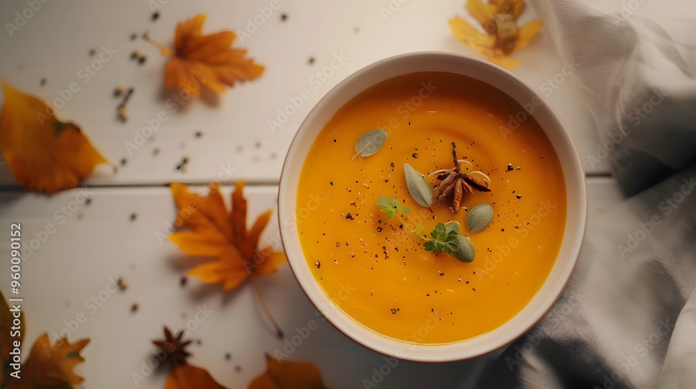Valokuva Cozy scene of warm pumpkin soup in minimalistic mise en scene  AI generated illu
