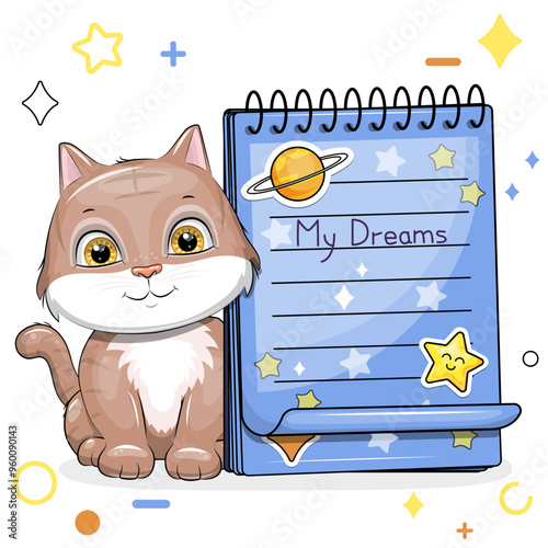A cute cartoon cat and a blue notebook with stickers. Vector illustration of animal on a white background with stars, circles.