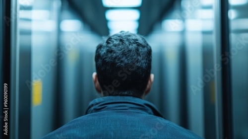 A man with his back to the camera walks down an illuminated yet dim hallway, capturing a mysterious and contemplative mood, highlighting themes of solitude and introspection.