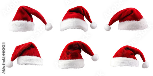 Realistic set of 6 red Santa hats from different sides and in different positions on transparent background. PNG image