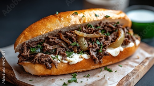 A mouth-watering sandwich overflowing with tender beef, caramelized onions, and fresh herbs, presented on a wooden board, ready to be enjoyed as a hearty meal.