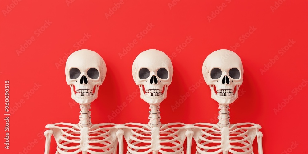 Playful trio of skeletons against a vibrant red backdrop, perfect for Halloween or educational themes. Playful trio of skeletons against a vibrant red backdrop, perfect for Halloween or educational themes.