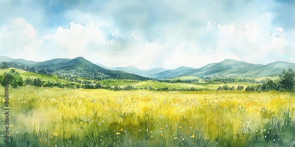 Obraz premium Serene Watercolor Landscape of Green Grasslands and Distant Hills