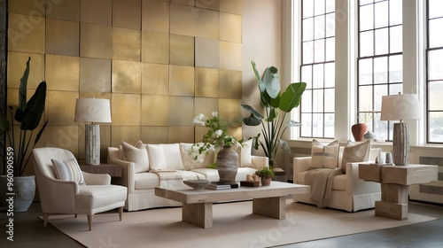 A modern living room in the Hollywood Regency style  with rustic furniture. The room has a golden paneling wall and large windows.