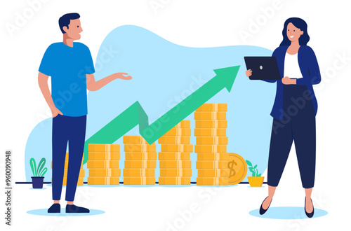 Business financial growth - Man and woman standing in front of money graph with green arrow pointing up showing growth and success. Flat design vector illustration on white background