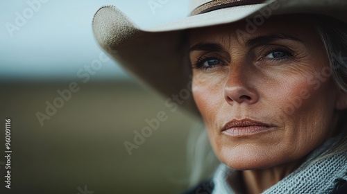 A woman with an intense gaze wearing a cowboy hat, captured in natural light, embodying a resolute spirit and a deep connection with the environment.