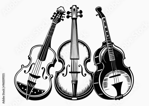 Set of contrabass, mandoline, banjo musical instrument vector illustration isolated. Orchestra stringed instruments ink drawn. Black white element for design wrapping, postcard, brochure, invitation
