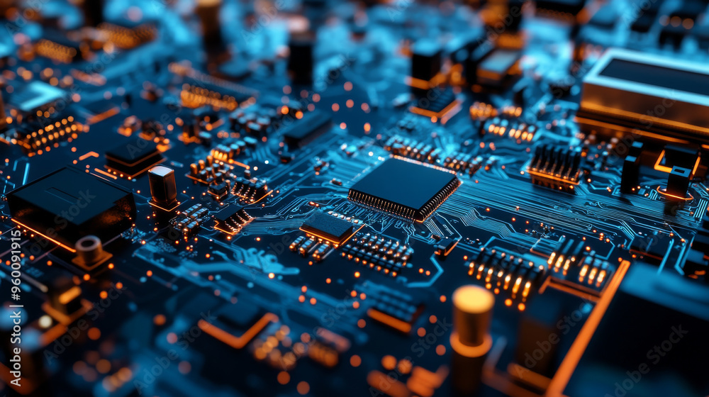 A close-up view of a futuristic circuit board. It shows tiny chips and processors. This image represents the concept of advanced technology and computer hardware. A close-up view of a futuristic circuit board. It shows tiny chips and processors. This image represents the concept of advanced technology and computer hardware.