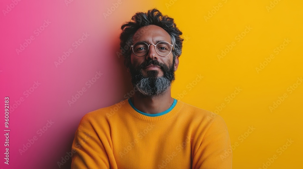 A bearded man wearing glasses stands confidently against a vibrant pink and yellow gradient background, showcasing modernity, style, and self-assuredness in a colorful portrait. A bearded man wearing glasses stands confidently against a vibrant pink and yellow gradient background, showcasing modernity, style, and self-assuredness in a colorful portrait.