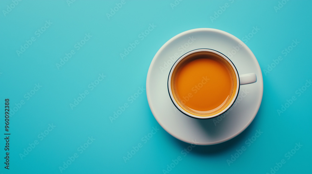 A cup of coffee set on a white plate isolated in a blue background. A cup of coffee set on a white plate isolated in a blue background.