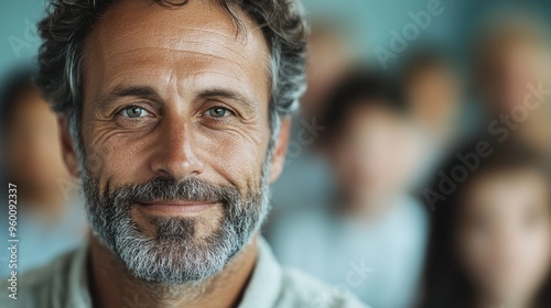 A smiling man with a grey beard is seen in a slightly blurred, crowded environment. His joyful expression suggests positivity and approachability, spotlighting human connection.