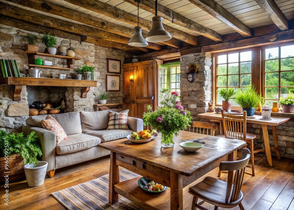 Fototapeta premium Handcrafted wooden pieces bring a touch of authenticity to the cottage, infused with rustic character and a sense