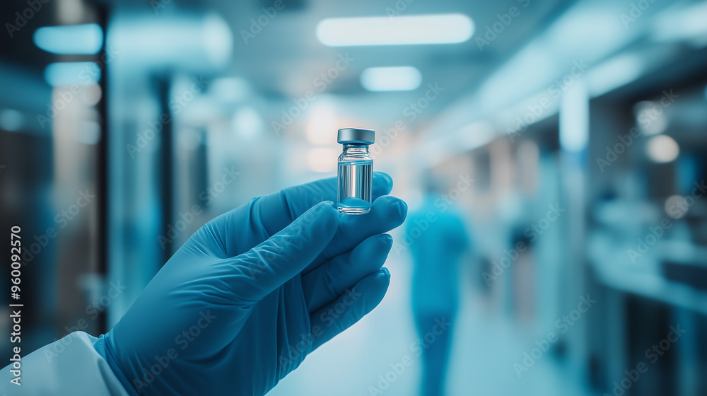 A doctor’s hand in blue surgical gloves holding a medical vial in front of a blurred background of a hospital setting