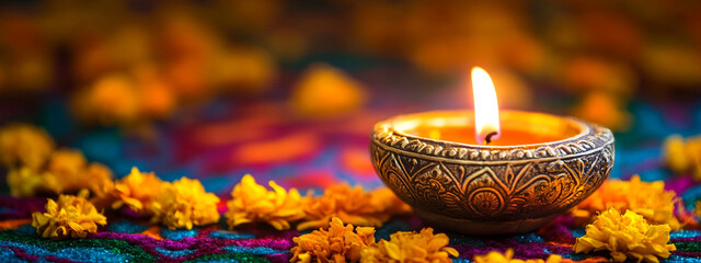 Diwali,Colorful clay diya lamps with flowers Diwali, Hindu festival of lights celebration. Diya oil lamps against dark background,