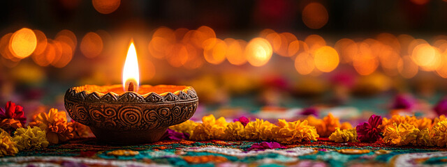 Diwali,Colorful clay diya lamps with flowers Diwali, Hindu festival of lights celebration. Diya oil lamps against dark background,