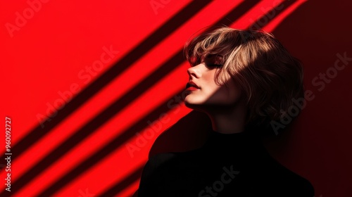 A person embodying high fashion, standing in a striking red setting with intense shadow play and striped lighting, exuding chic elegance and modern aesthetic vibes.