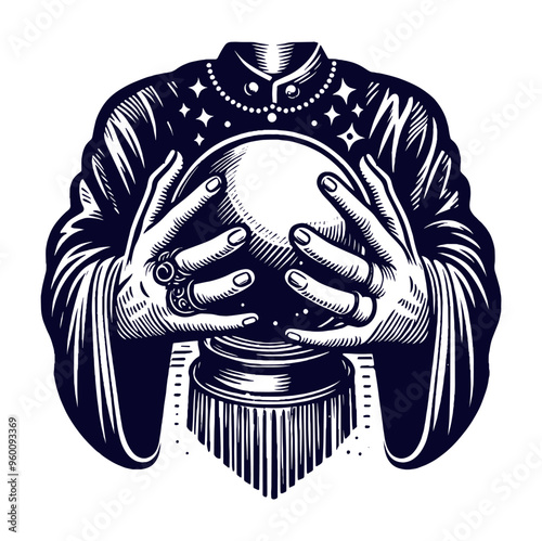 Vintage engraving hand drawn magic crystal ball in hands of fortune teller line art . tattoo, print, cut out vector illustration.	