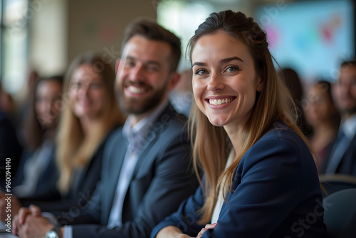Happy businesswoman attending conference in convention center and looking at camera