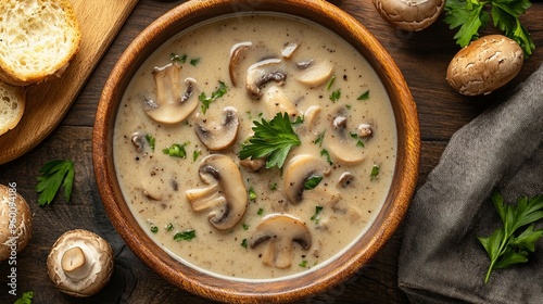 Mushroom soup in a wooden bowl 