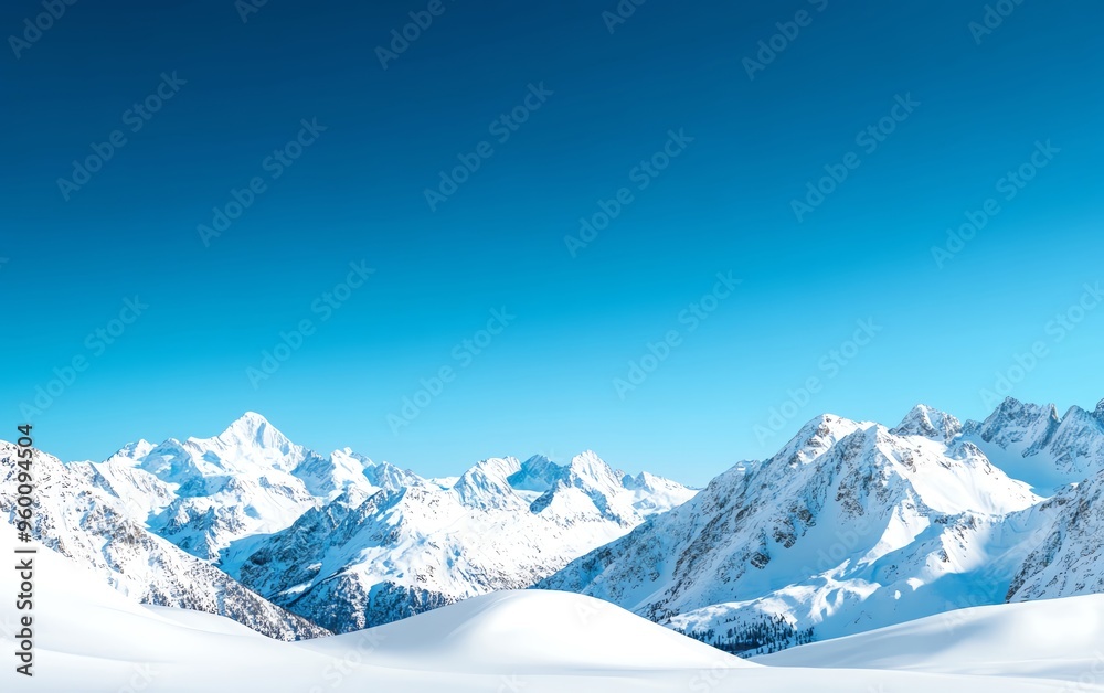 Obraz premium Stunning snowy mountain landscape under a clear blue sky, showcasing nature's beauty and tranquility in a winter scene.