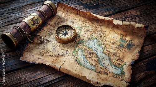 Treasure hunt concept, map and compass photo