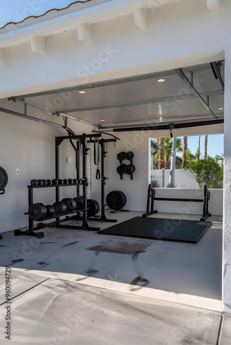 Minimalist garage with cozy home gym area  AI generated illustration