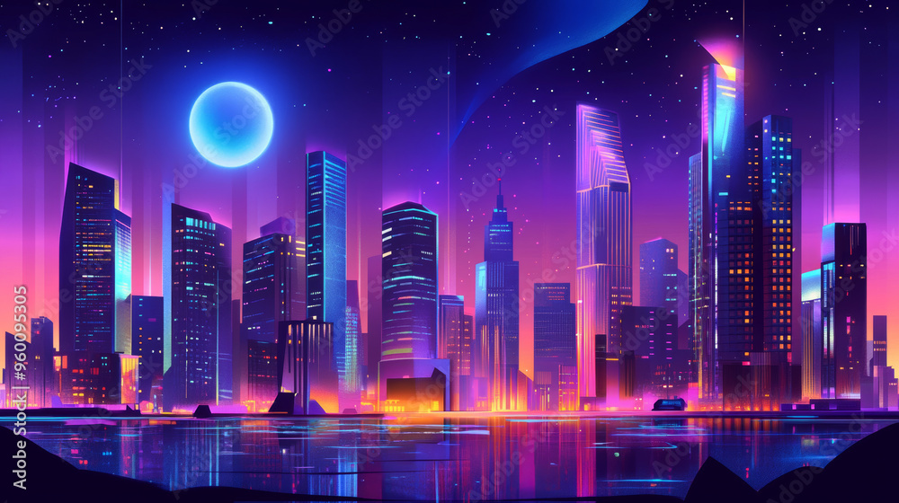 A futuristic city at night, with buildings designed for modern living. The illustration shows how technology connects the city and its people. A futuristic city at night, with buildings designed for modern living. The illustration shows how technology connects the city and its people.