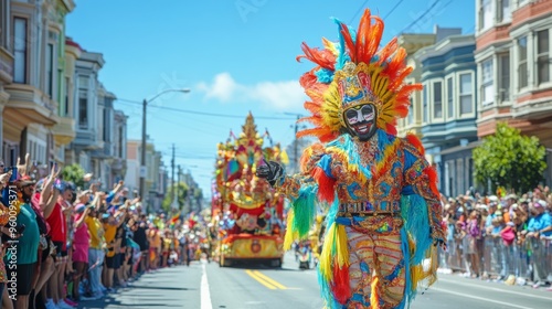 Lively Street Scene with Carnival Parade Featuring Colorful Floats and Costumed Performers