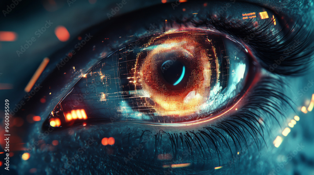 A futuristic eye scanner reads your unique eye pattern for security. This technology uses 3D images to recognize you. A futuristic eye scanner reads your unique eye pattern for security. This technology uses 3D images to recognize you.