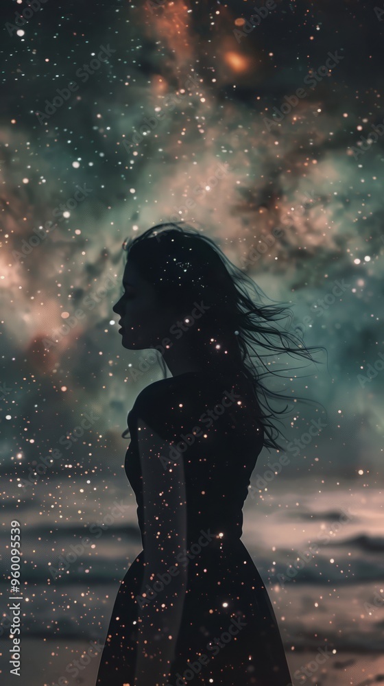 3d woman on the background of space and stars.