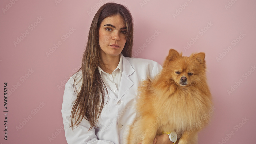Φωτογραφία A young woman holds a pomeranian dog against an isolated pink wall, portraying beauty and companionship