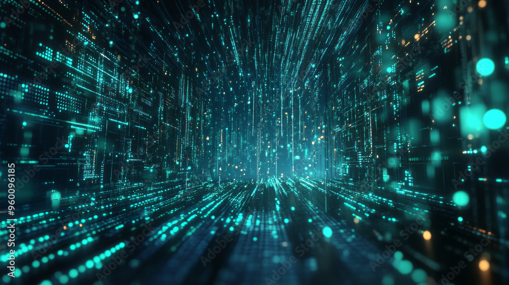 A futuristic scene with blue and green colors, showing the power of digital technology to connect us all. It represents the rapid exchange of information, innovation, and the future of technology. A futuristic scene with blue and green colors, showing the power of digital technology to connect us all. It represents the rapid exchange of information, innovation, and the future of technology.
