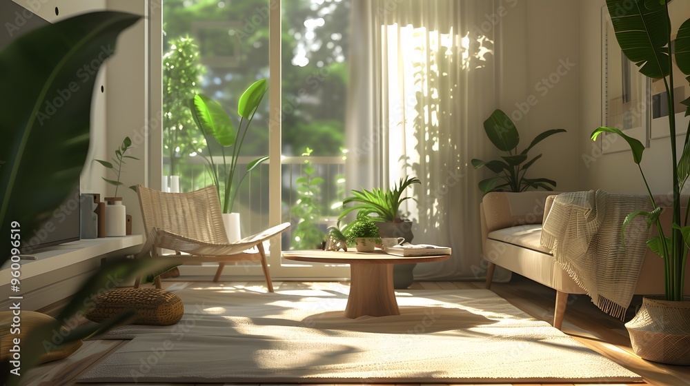 Natural wood and green plants in a minimalist warm living room AI generated illustration Natural wood and green plants in a minimalist warm living room AI generated illustration