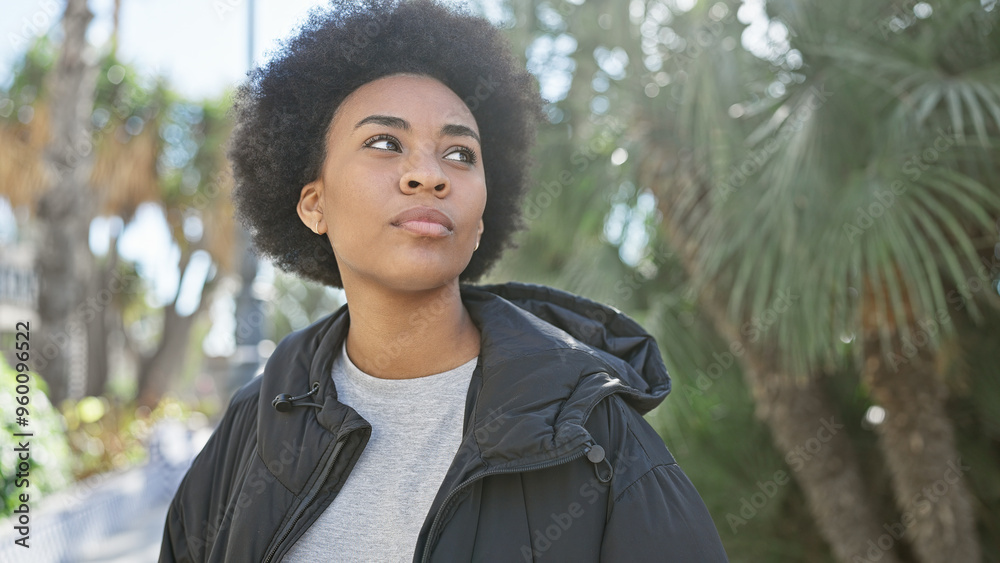Thoughtful african american woman enjoying nature in a peaceful city park. Thoughtful african american woman enjoying nature in a peaceful city park.