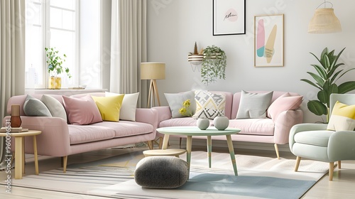 Nordic style living room with pastel-colored furniture  AI generated illustration